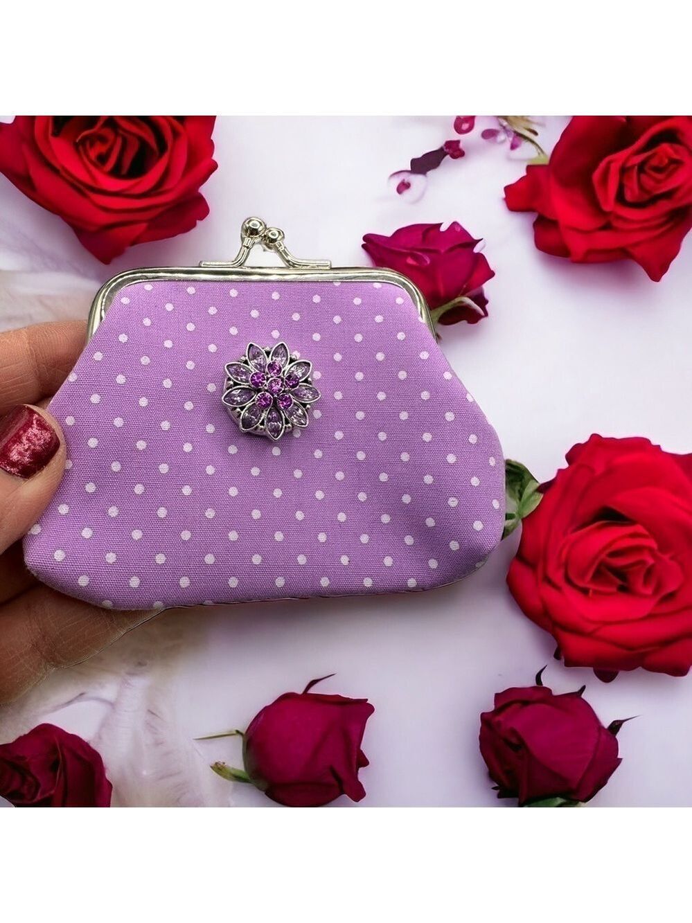 Purple Polka Dot Snap Jewelry Micro Change Purse & 18mm Lavender Floral Snap NWT